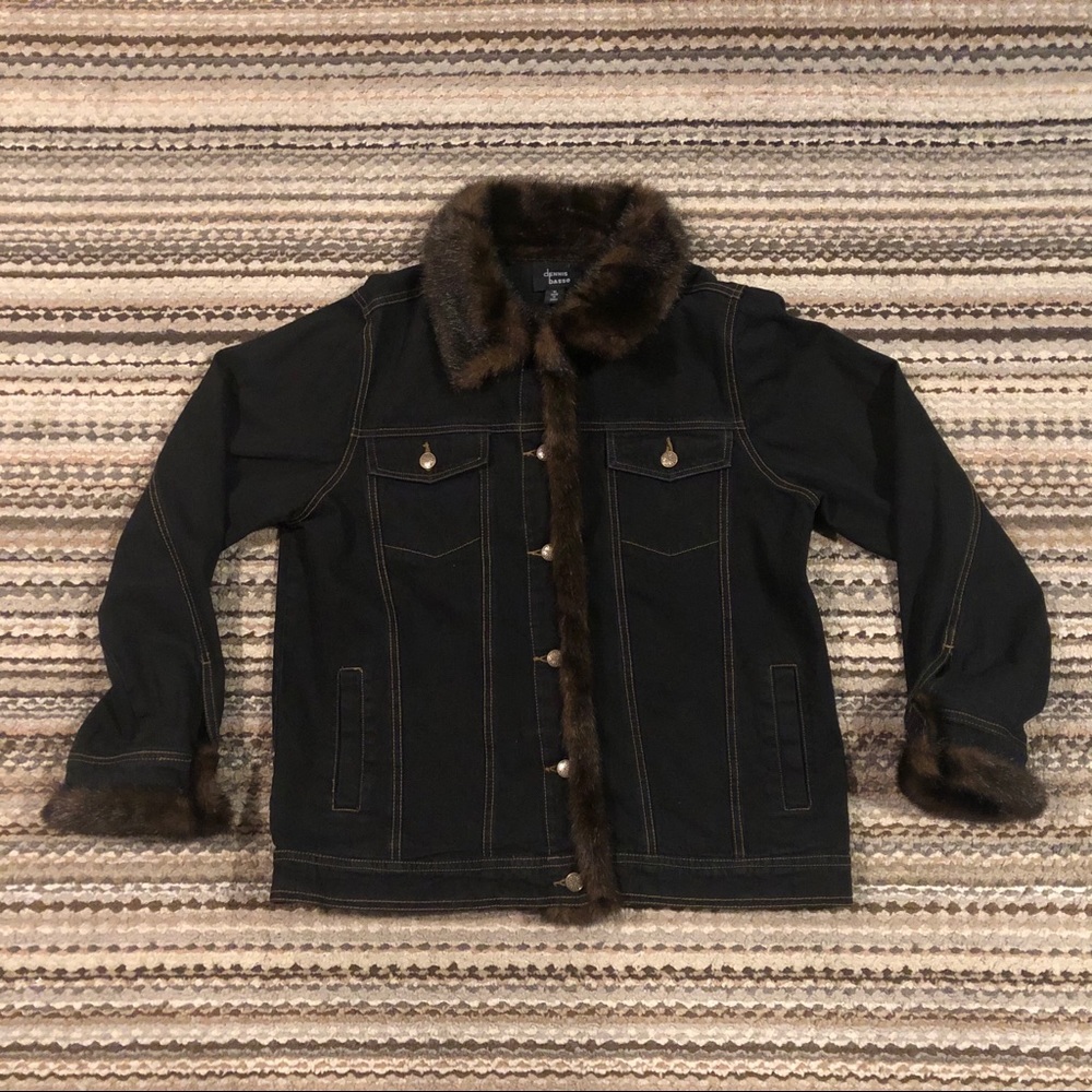 Dennis Basso Black Denim Jacket With Faux Fur